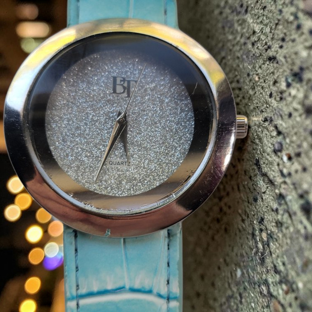 BT Womens Watch Silver Glitter Dial Silver Tone Blue Faux Leather Dress Quartz